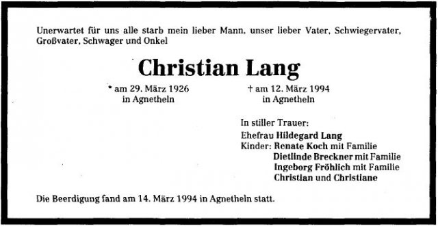 Lang Christian 1926-1994 Todesanzeige